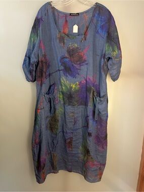 New Collection Made In Italy Linen Floral Dress Lagenlook Art to Wear One Size